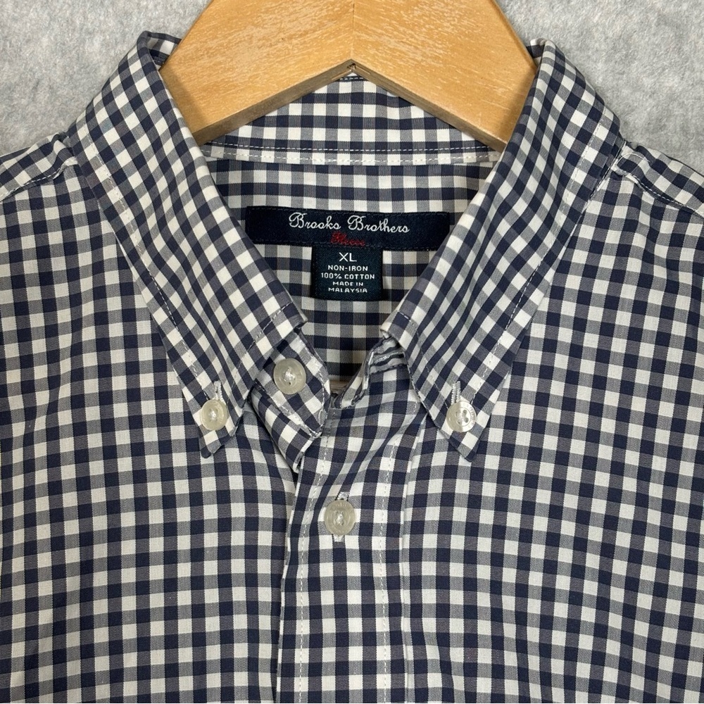 Brooks Brothers Long Sleeve Gingham Button Down Cotton Shirt-Navy/White-Men XL